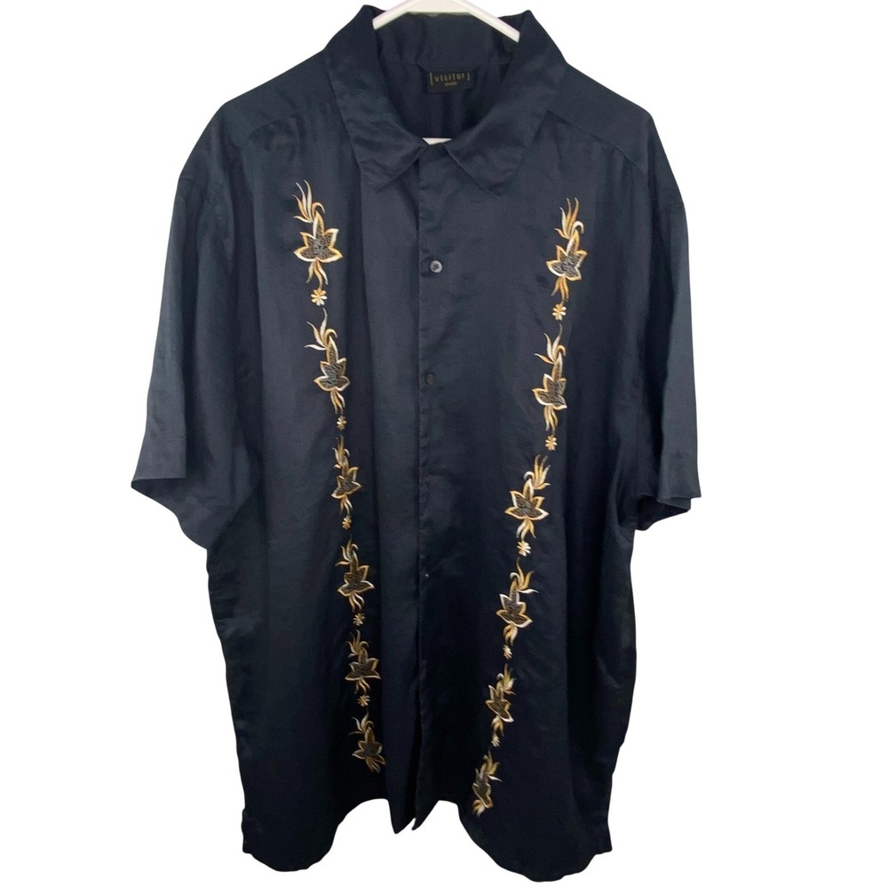 Visitor Studio Linen Embroidered Button Up‎ Shirt Mens 2X Black Tropical Boho